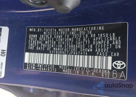 2018 Toyota Corolla Se from USA, damaged, VIN 5YFBURHE7JP847414